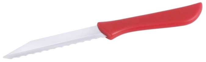 Couteau de cuisine a. manche rouge, tranchant ondulé