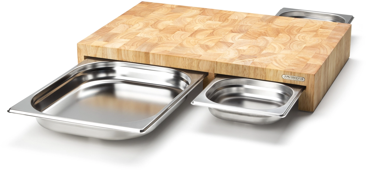 Gommier planche à découper avec 3 plateaux en inox. Tiroirs