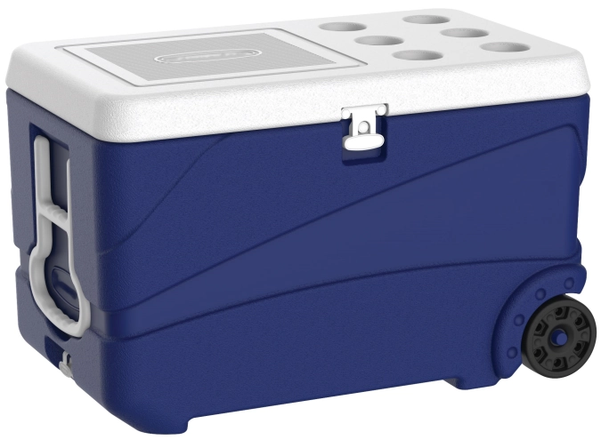 Boîte de transport isolée bleue 80lt avec roulettes et couve