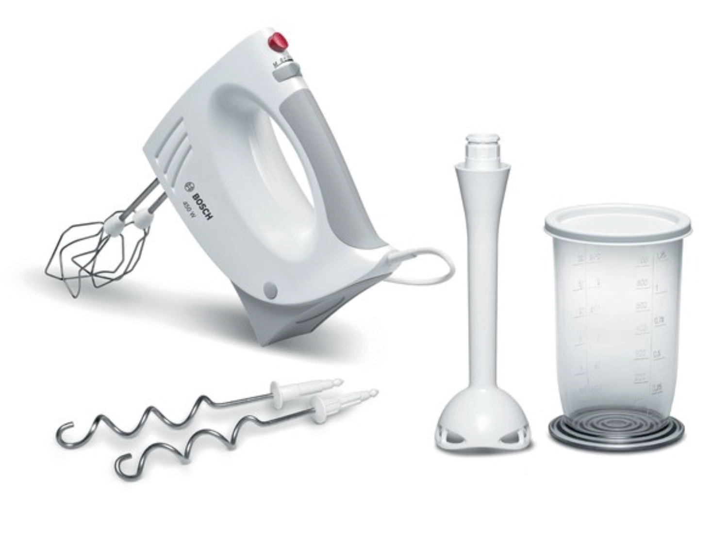 Handmixer weiss mit 2 Besen 2 Knethaken Mixstab u.Messbecher
