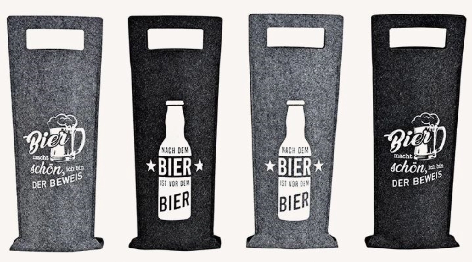 4er Set Flaschentasche mit Spruch Filz grau 14x38cm