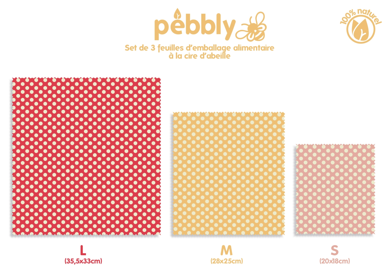 Set de 3 lingettes pebbly en cire d'abeille, s-m-l