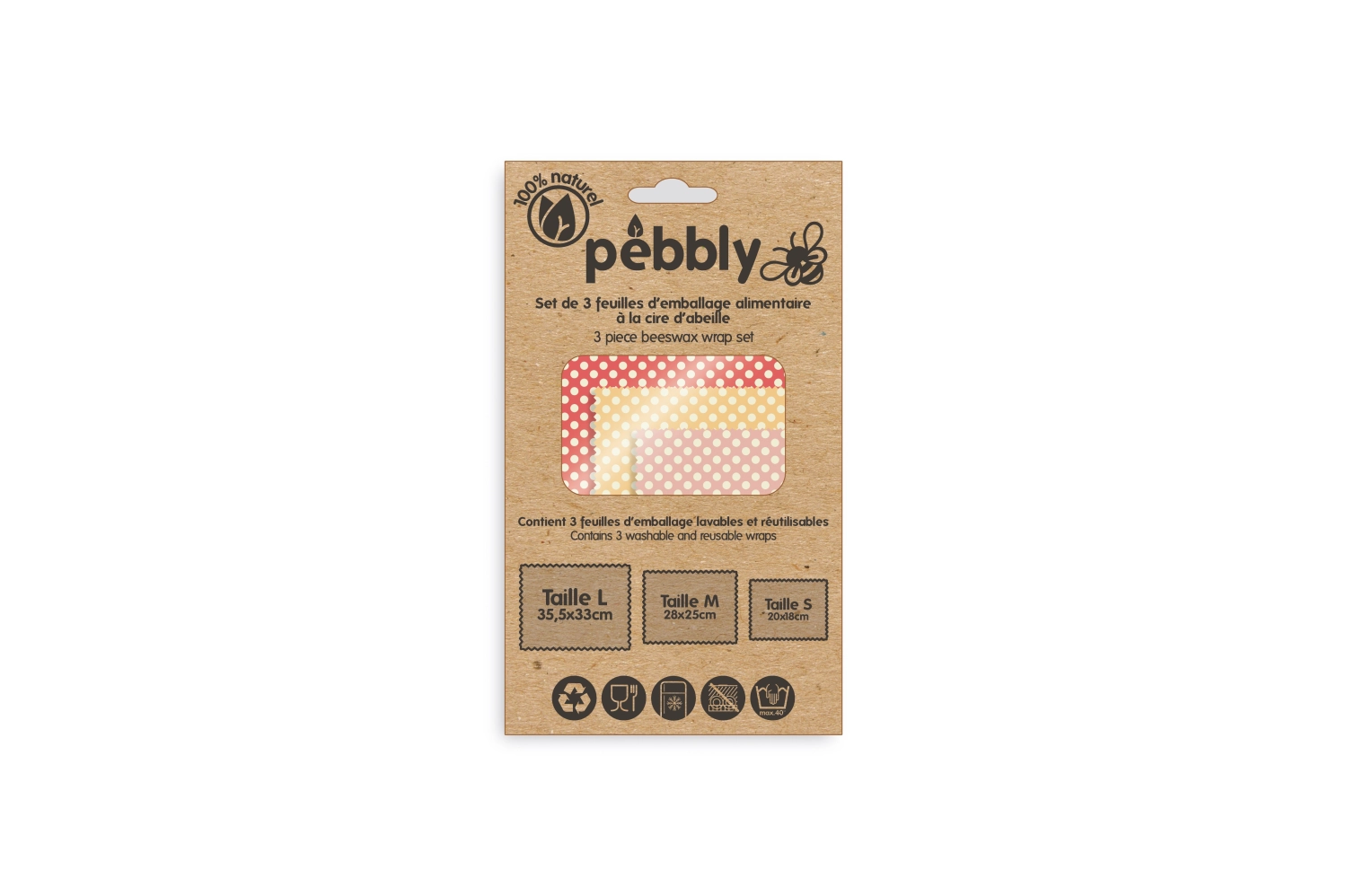 Set de 3 lingettes pebbly en cire d'abeille, s-m-l