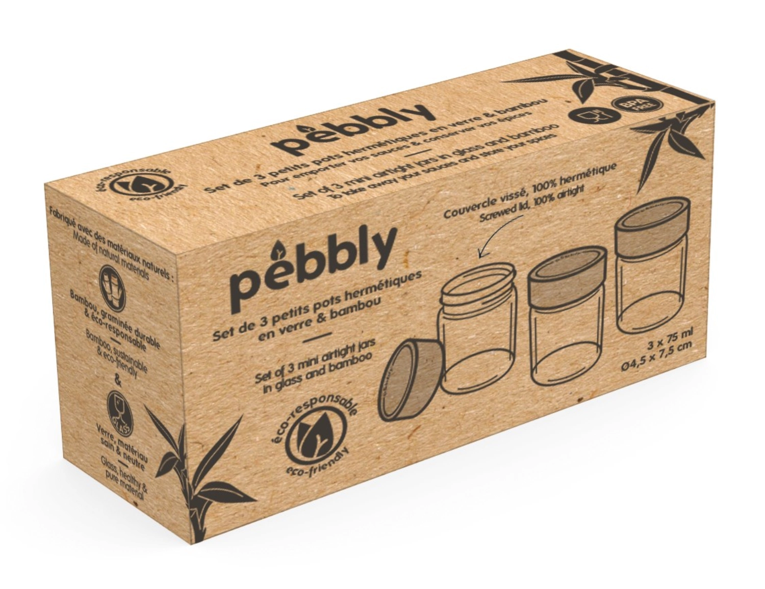 Set de 3 bocaux pebbly avec couvercle en bambou 75ml