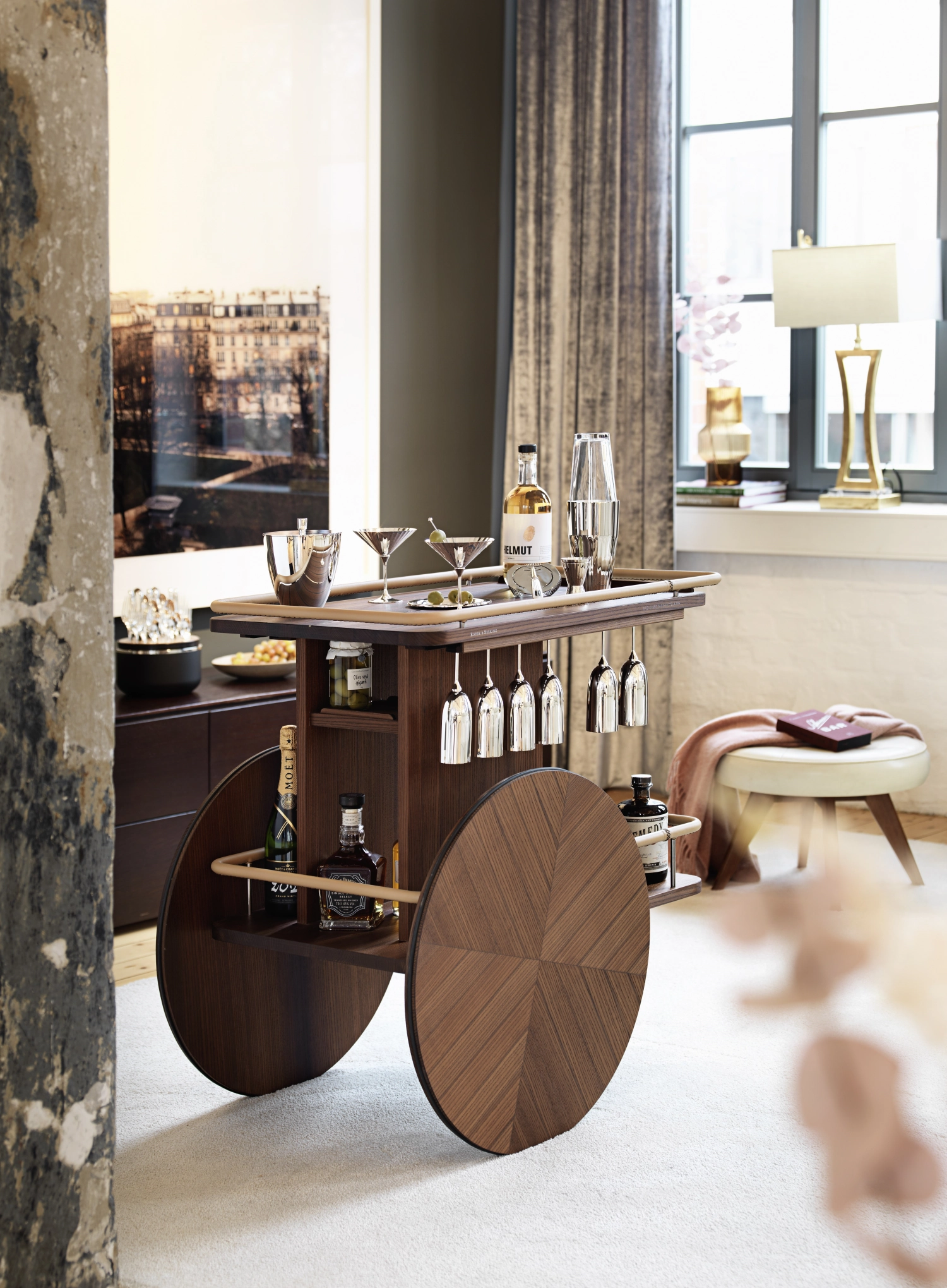 Chariot bar inox/cuir 92x57.6x88.5 cm