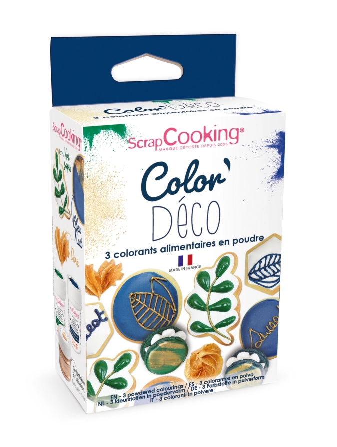 3 colorants artificiels en poudre déco vert, bleu, doré 3x