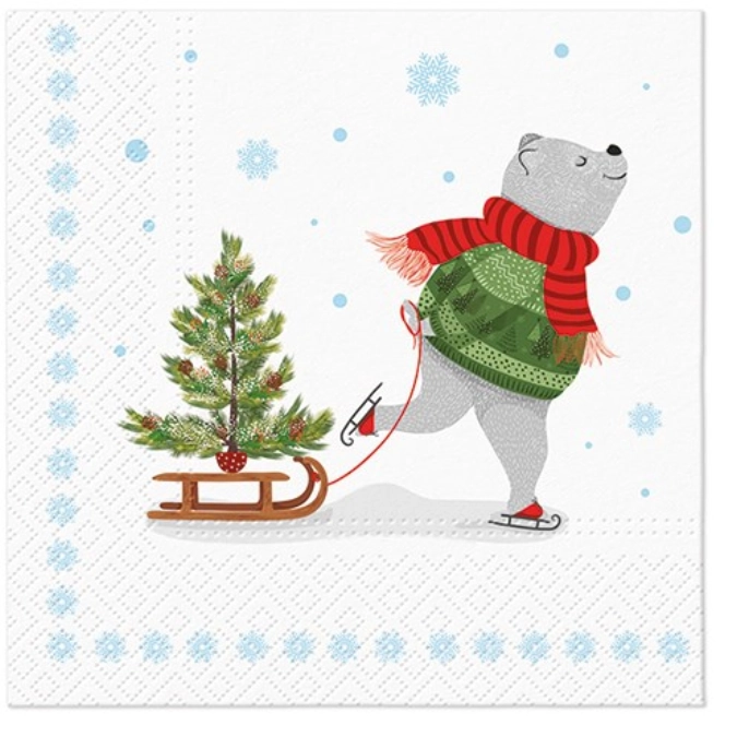 Serviettes lunch 20x christmas skating bear, 33x33 cm