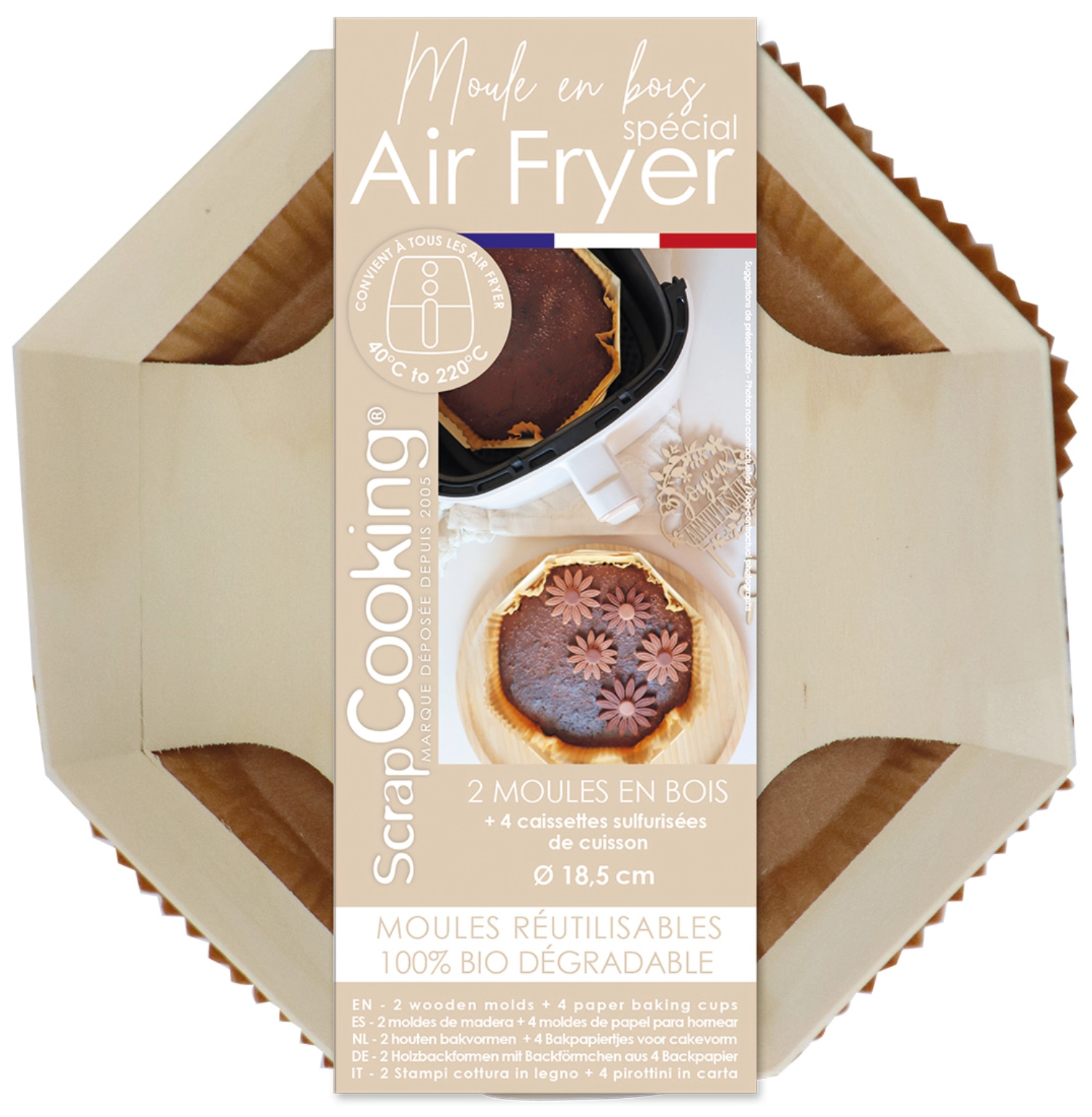 2 moules bois air fryer  D18.5cm + 4 caissettes sulfurisées
