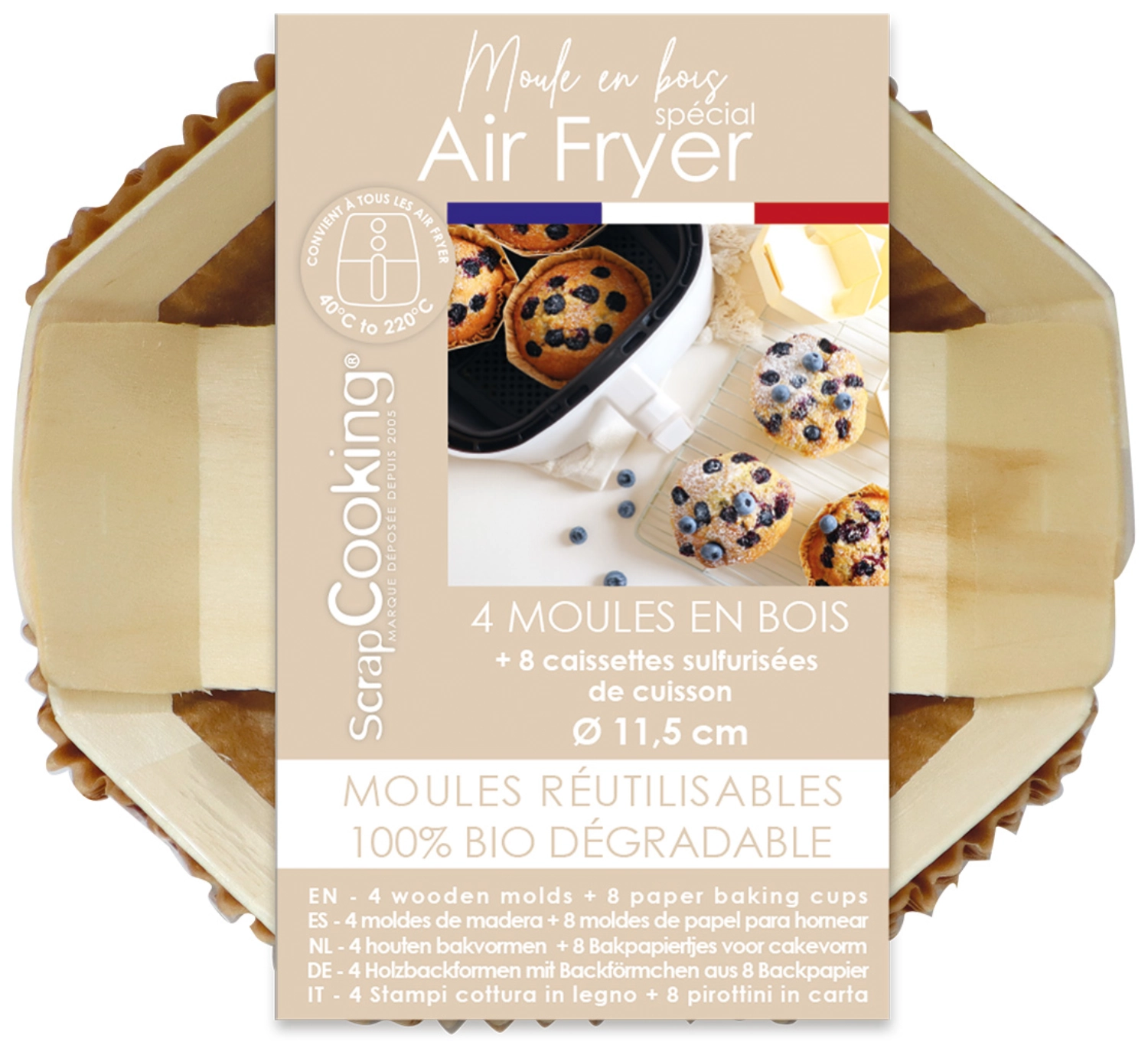 4 moules individuelle bois D11cm + 8 caissettes sulfurisées