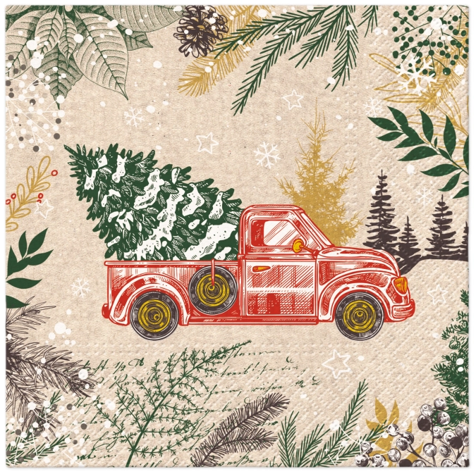 Serviettes Lunch 20x We care Vintage Christmas Car, 33x33cm